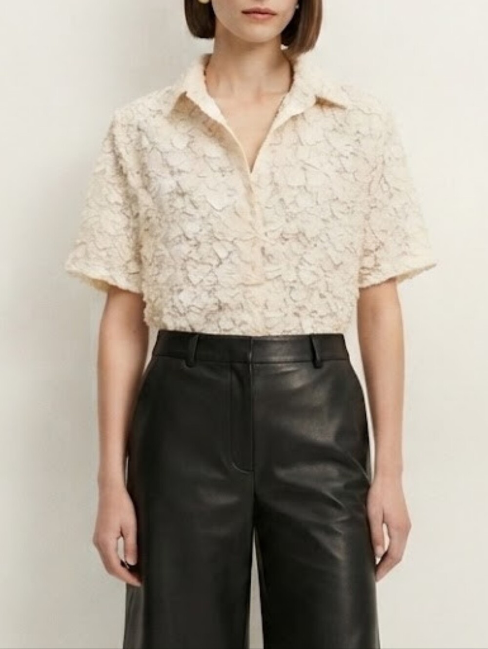 ZARA Cream Lace-Texture Short Sleeve Top
